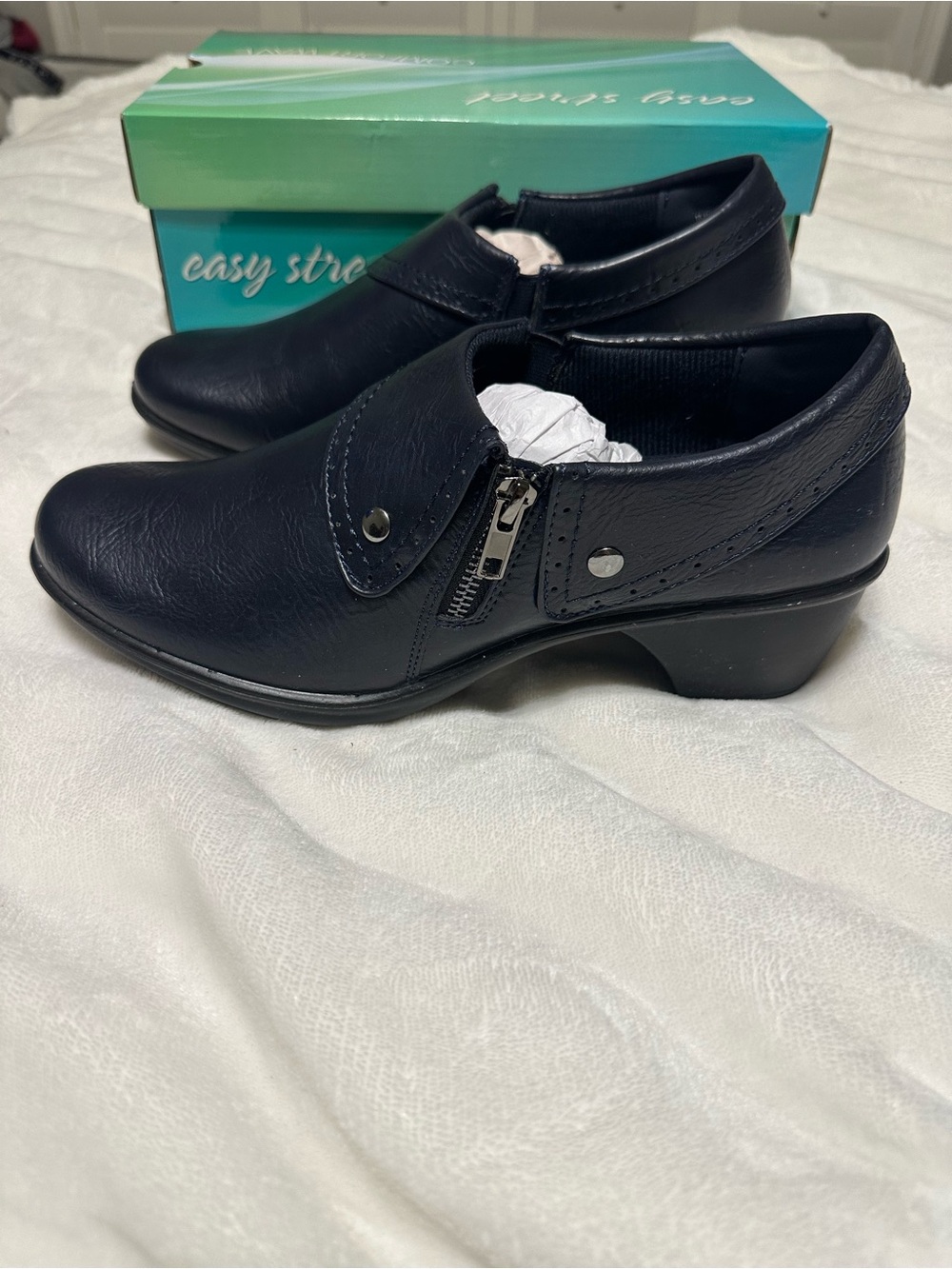 easy street black low-heel slip-on loafers with side zipper